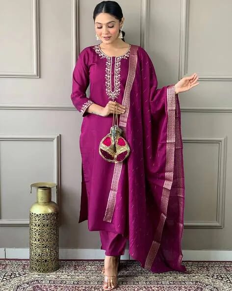 Remarkable Pure Viscose Chanderi Embroidery Suit Set