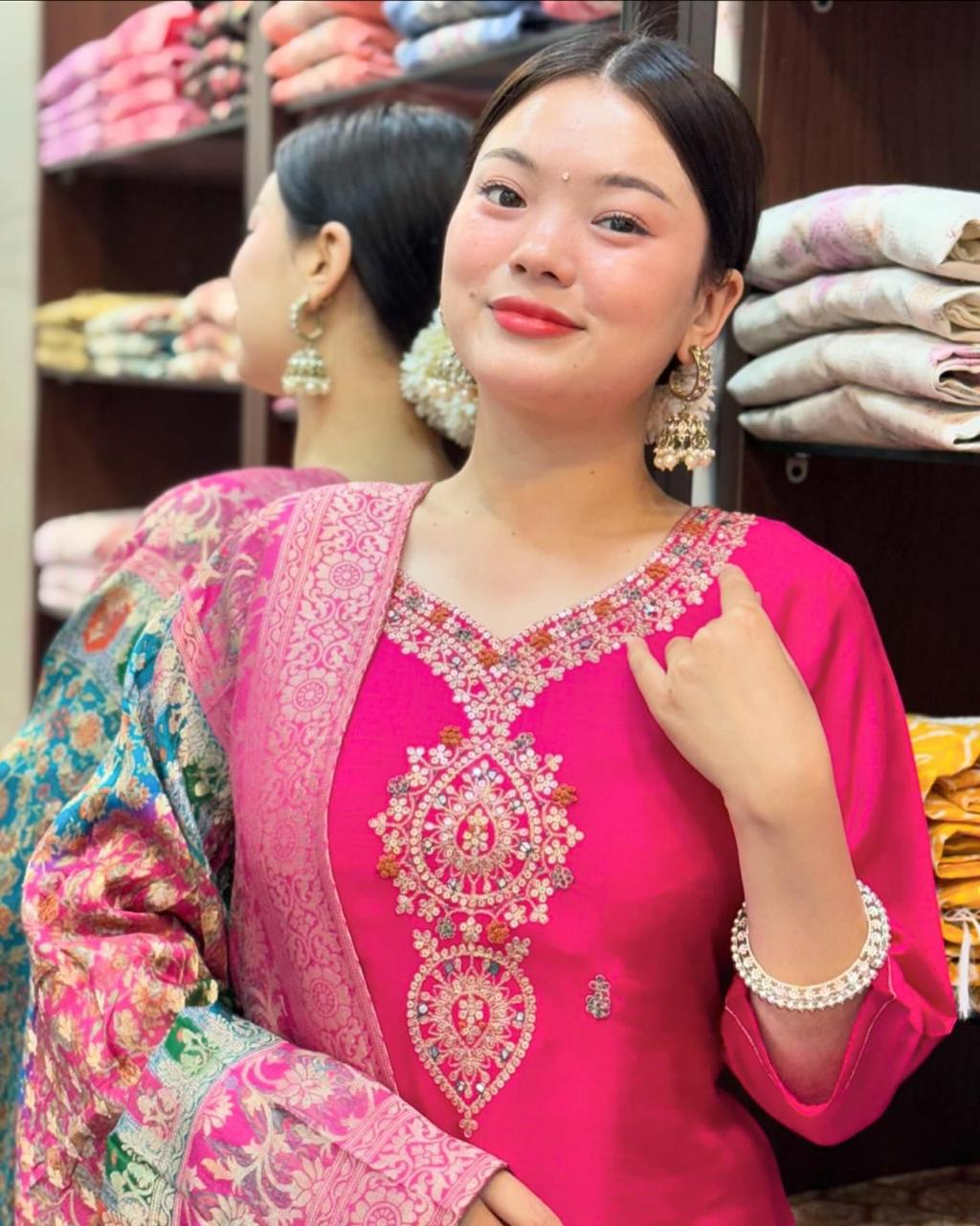 Beautiful Pink Diamond Silk Embroidery Suit Set