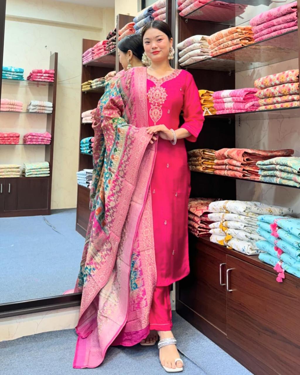Beautiful Pink Diamond Silk Embroidery Suit Set