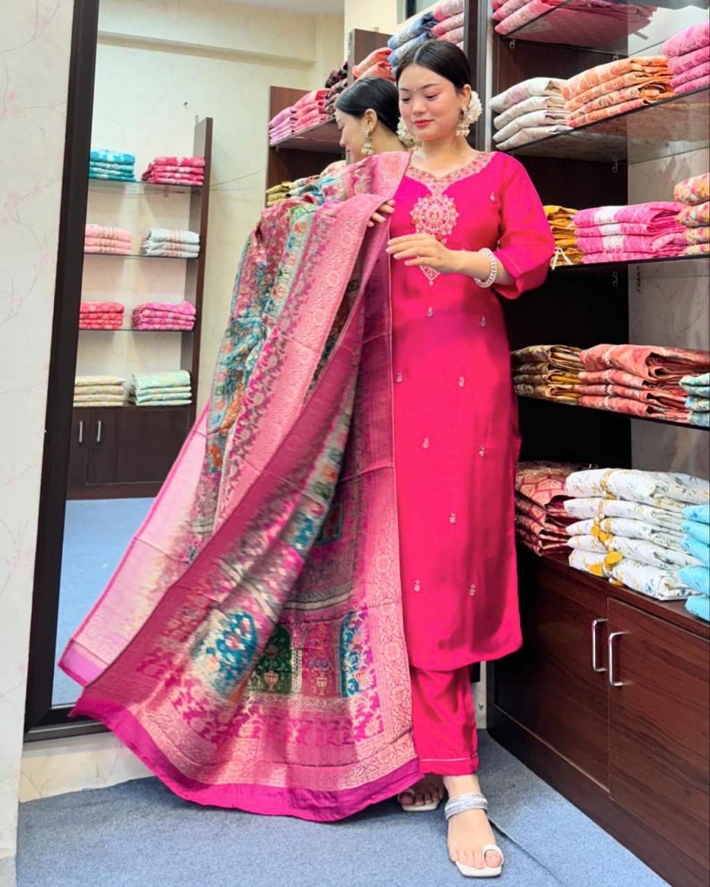 Beautiful Pink Diamond Silk Embroidery Suit Set
