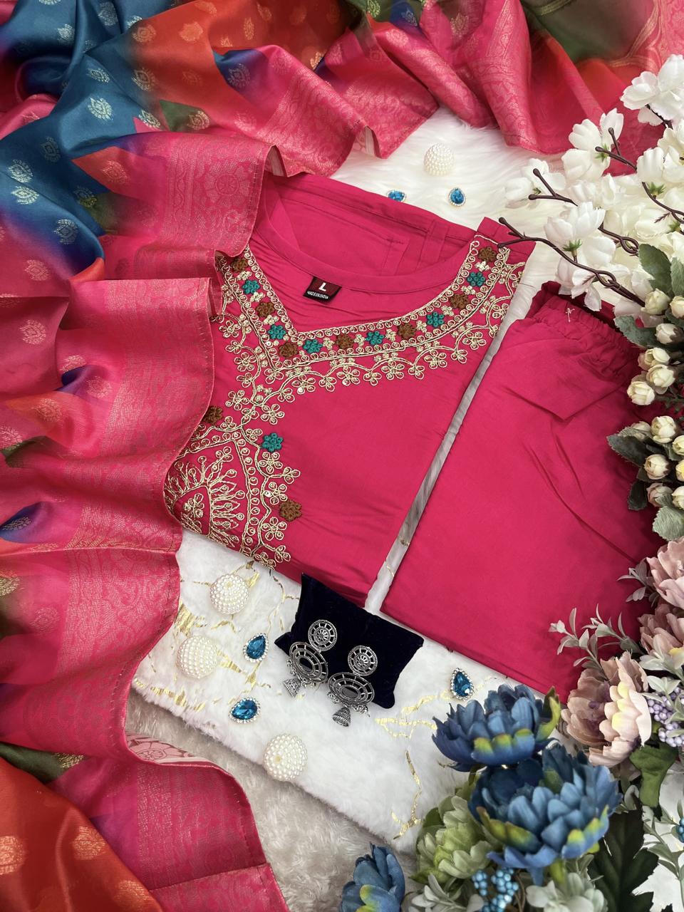 Beautiful Pink Diamond Silk Embroidery Suit Set