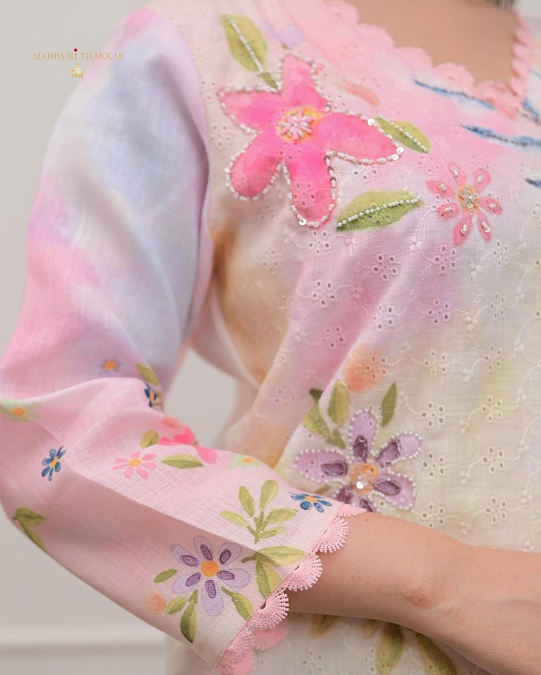 Mesmerizing Schiffli Linen Cotton Suit