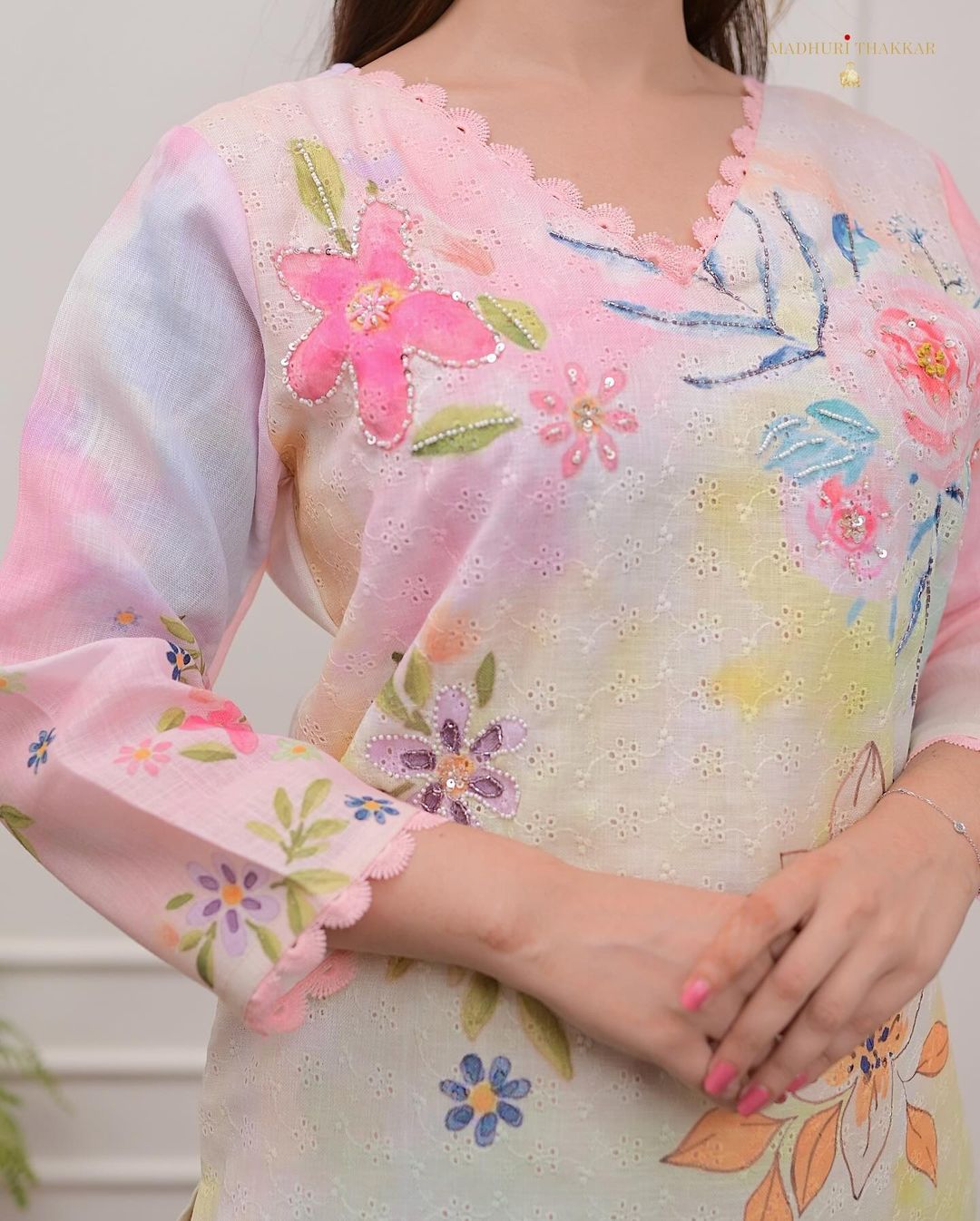 Mesmerizing Schiffli Linen Cotton Suit