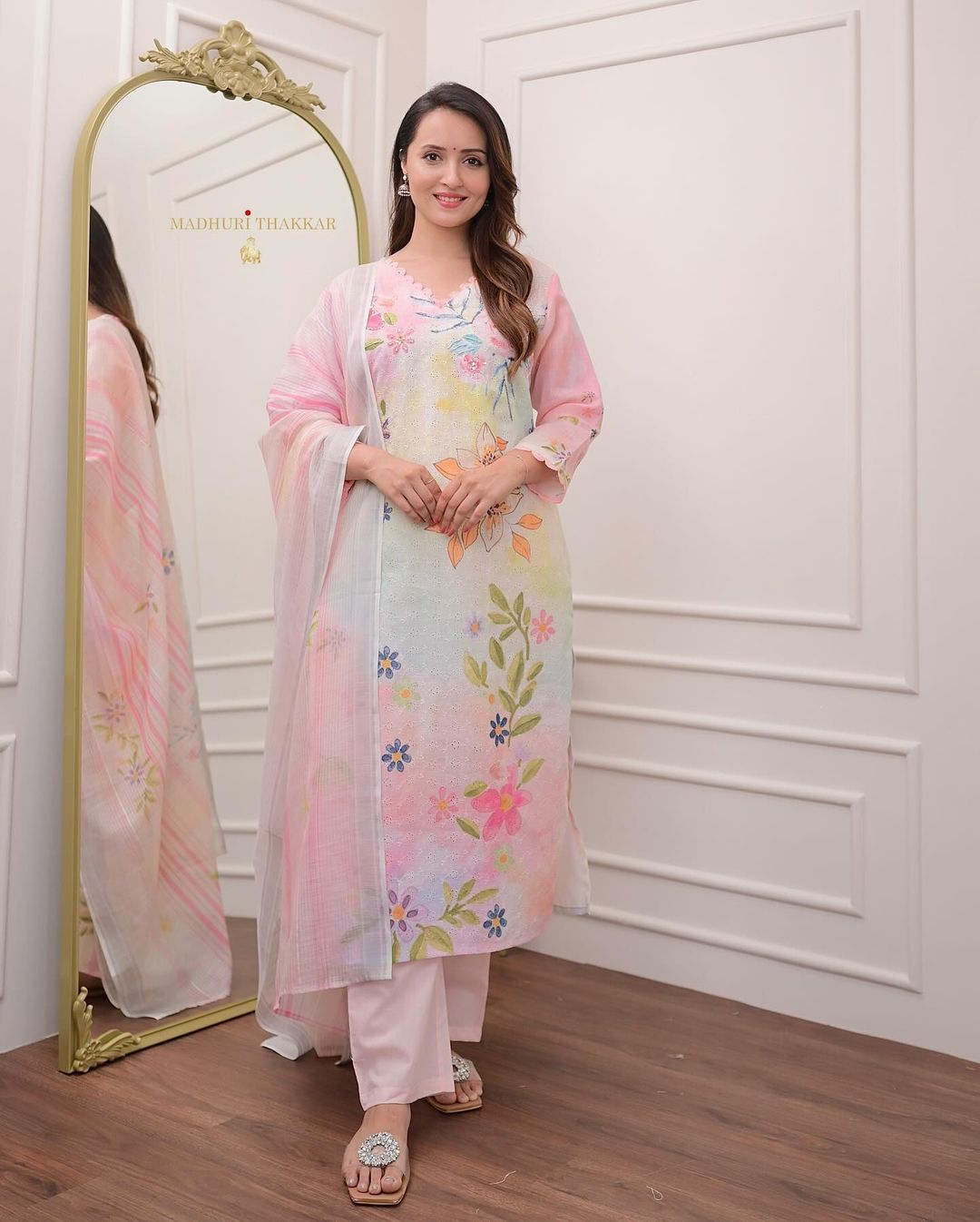 Mesmerizing Schiffli Linen Cotton Suit