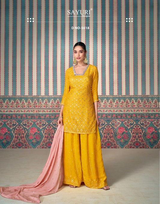 Shagun Yellow Embroidered Silk Kurti with Embroidered Sharara & Dupatta- By Shayuri