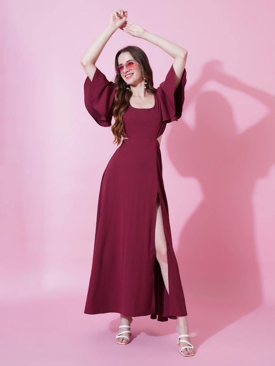 Maroon Crepe Dress with Waist Cut