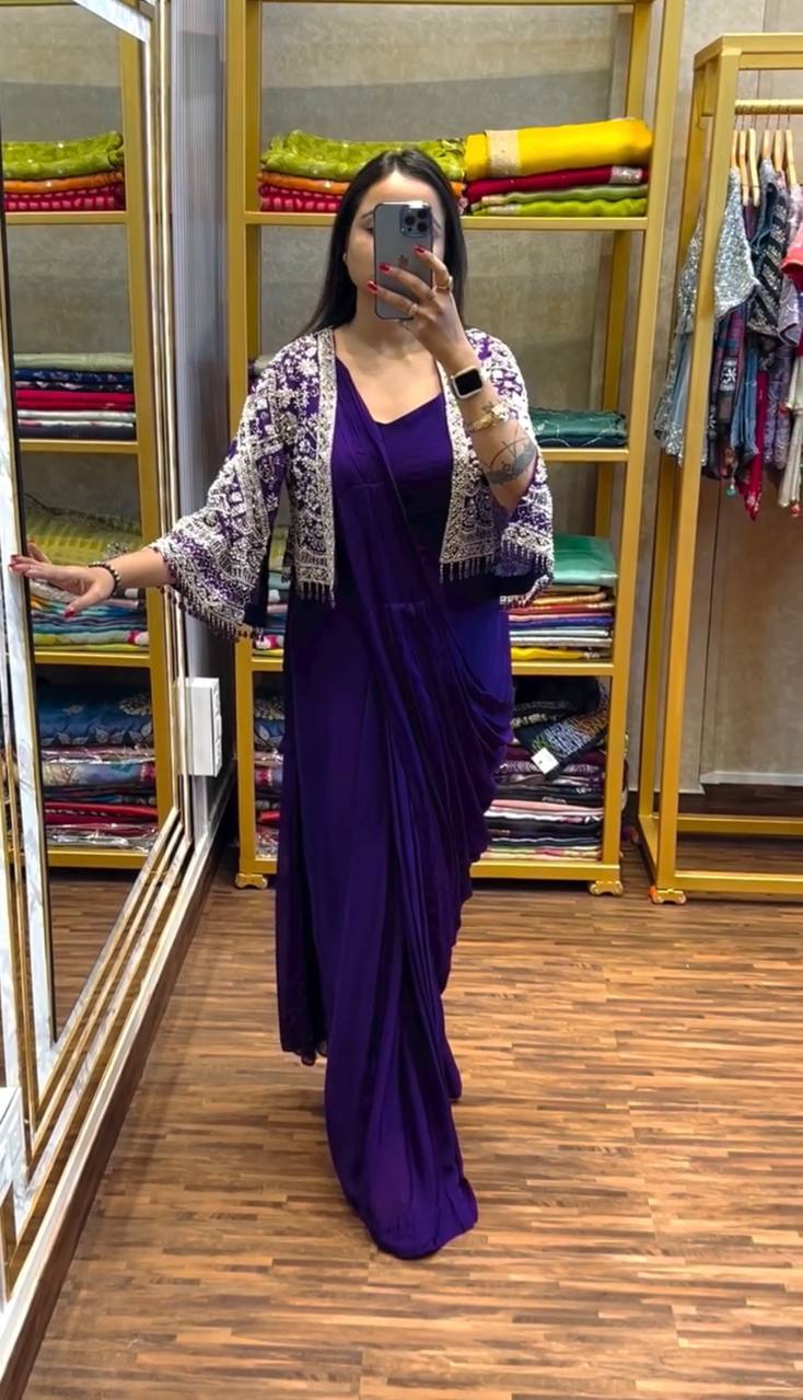 Blue Chinon Ready to wear Saree