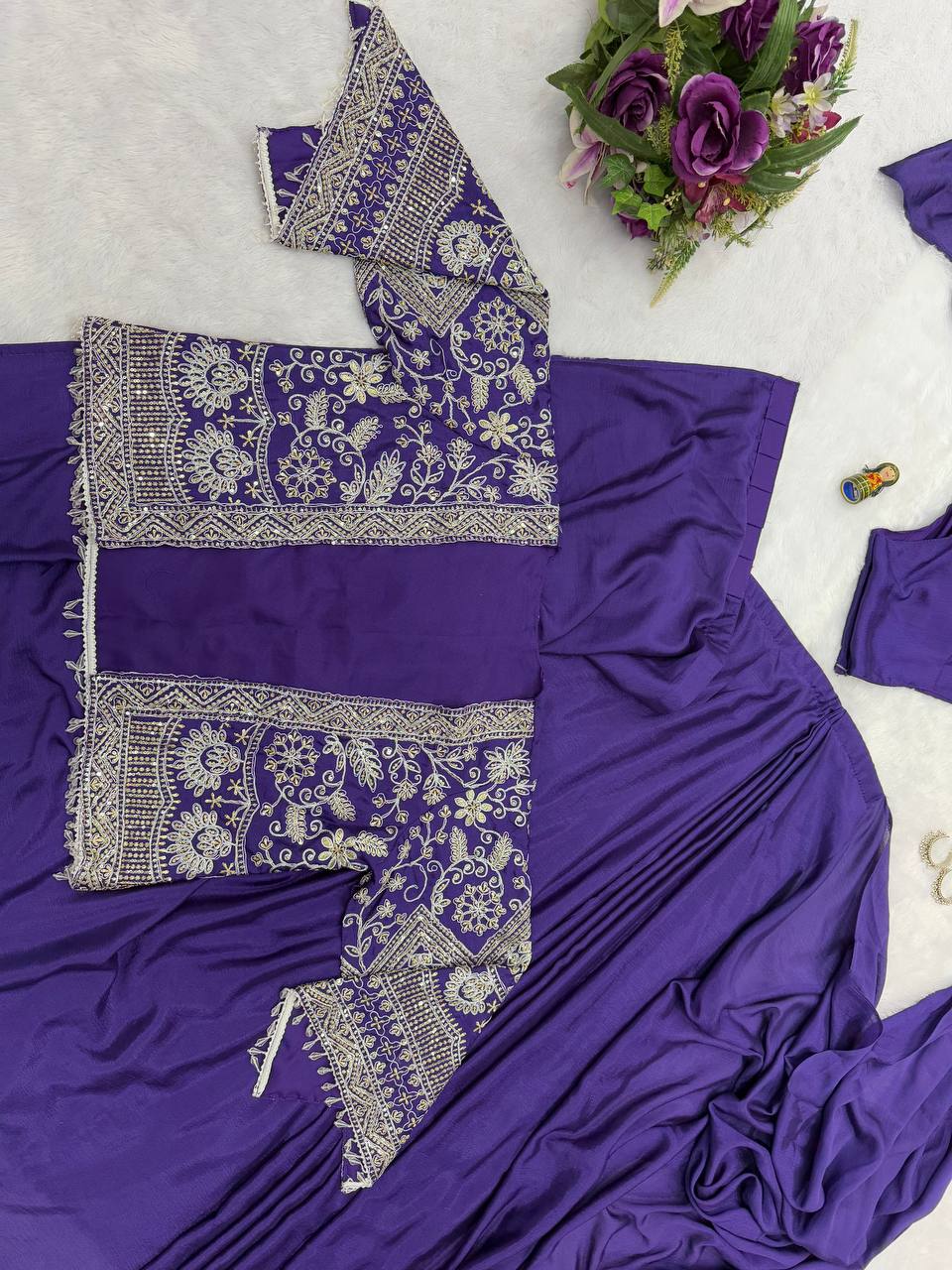 Blue Chinon Ready to wear Saree