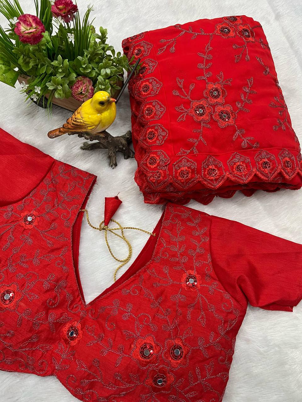 Red Love Georgette Saree with Real Mirror work