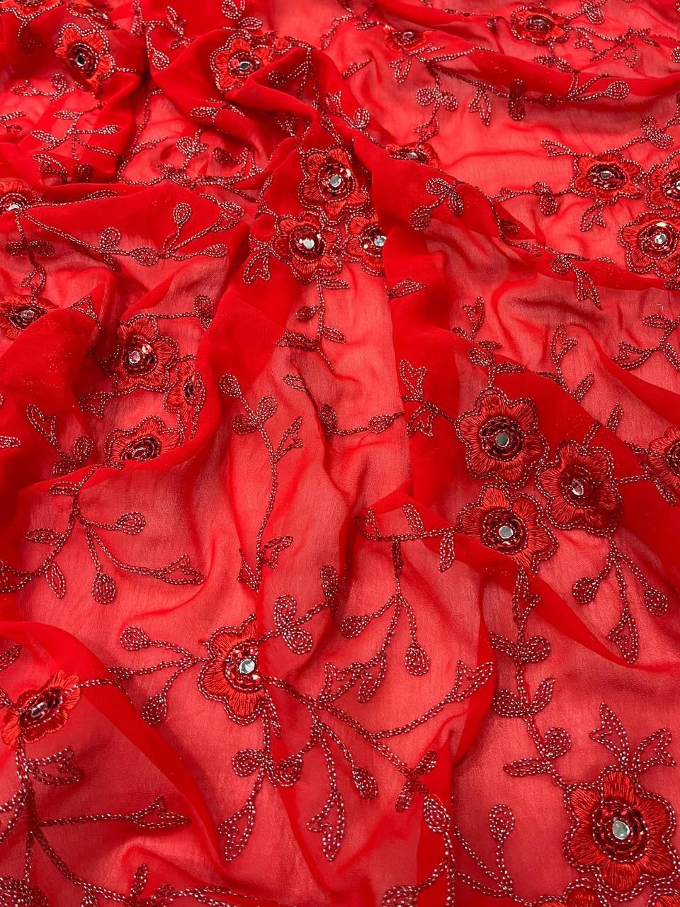 Red Love Georgette Saree with Real Mirror work