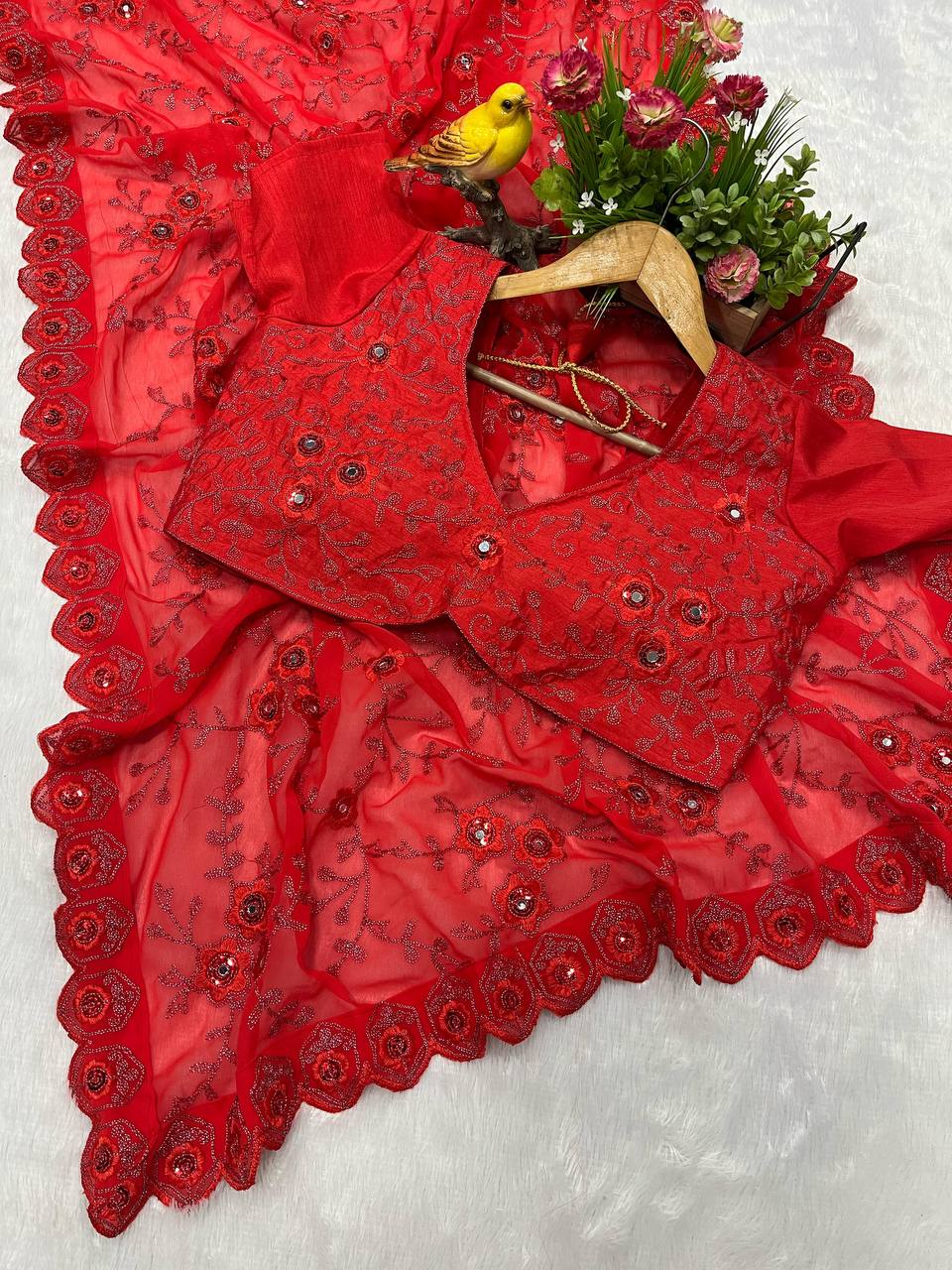 Red Love Georgette Saree with Real Mirror work