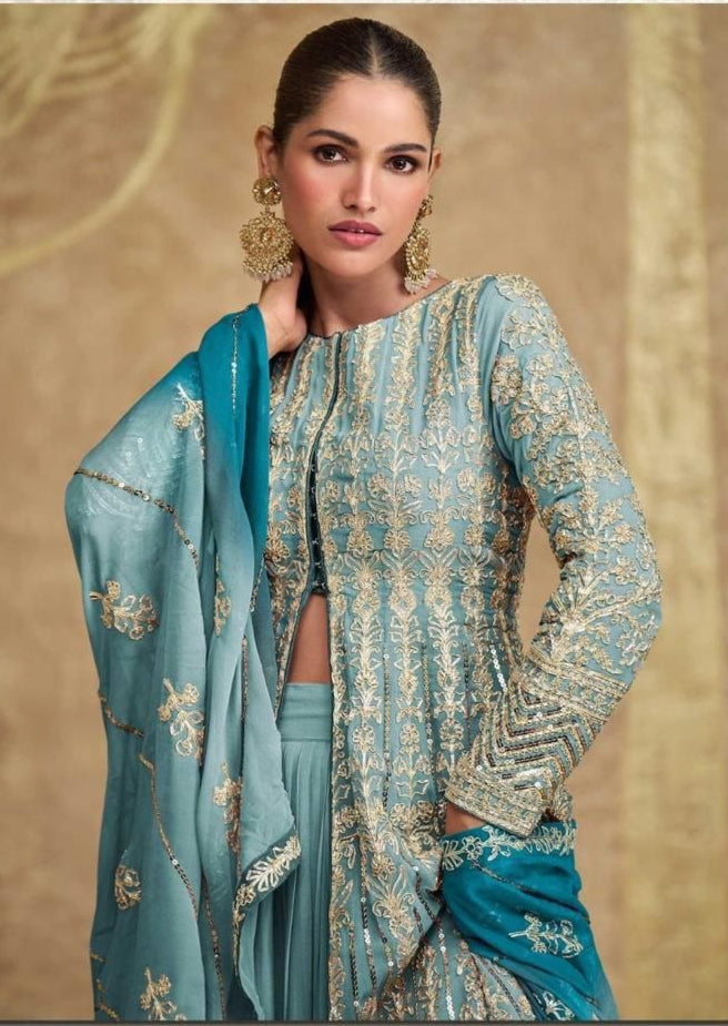 Teal Colored Premium Embroidered Georgette Set