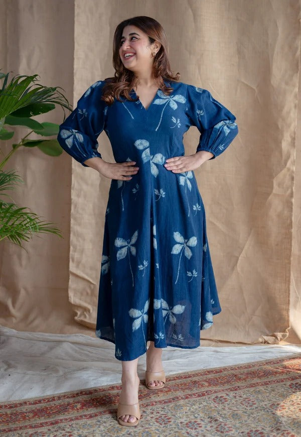 Blue Cotton Midis with Puffed Sleeves