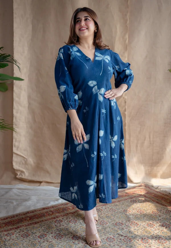 Blue Cotton Midis with Puffed Sleeves