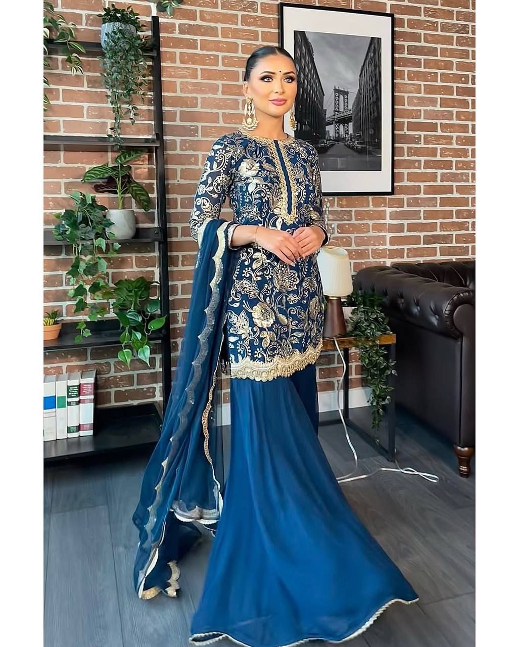 Blue Stunning Thread work Kurti with Sharara and Dupatta