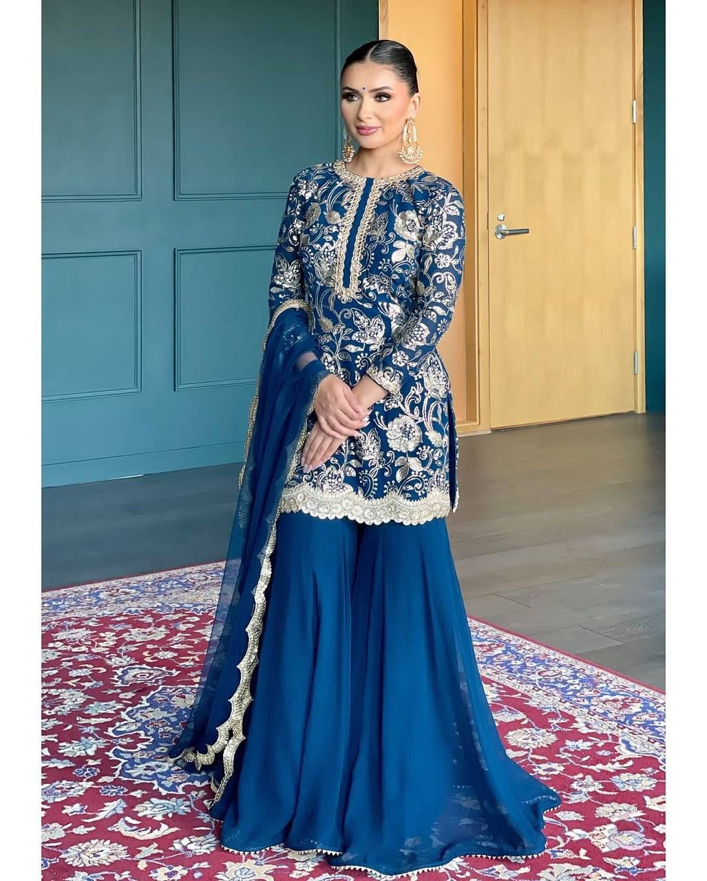 Blue Stunning Thread work Kurti with Sharara and Dupatta