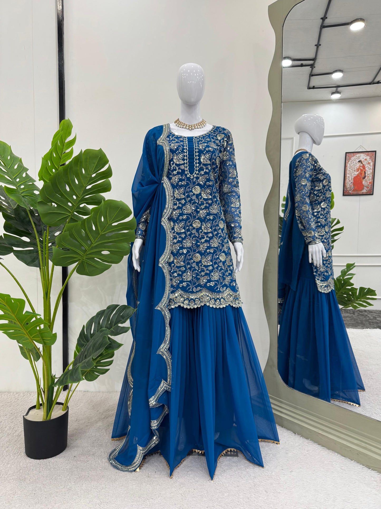Blue Stunning Thread work Kurti with Sharara and Dupatta