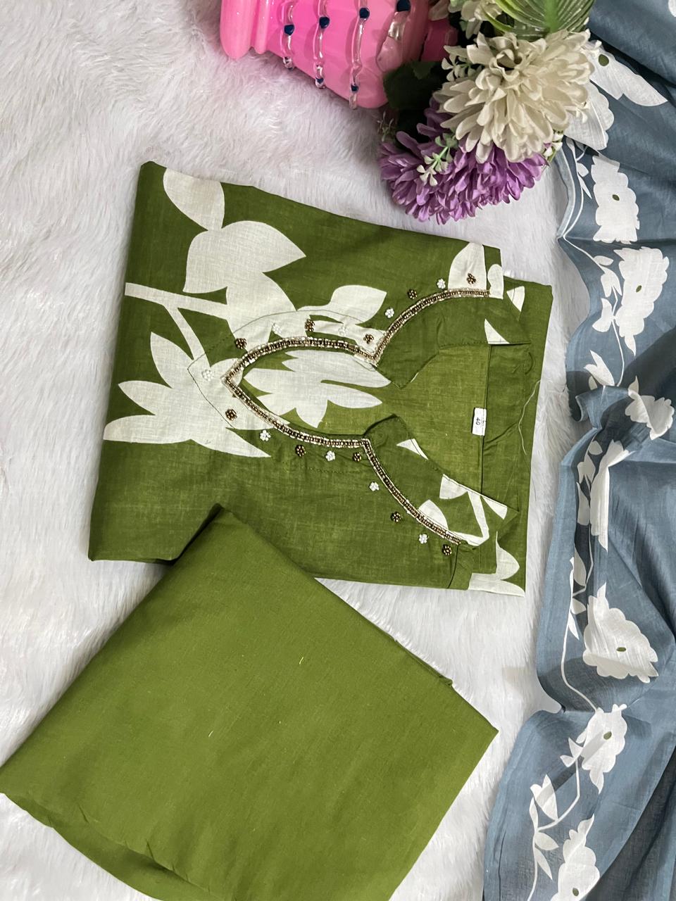 Pure Cotton Kurti & Pant With Mulmul Dupatt