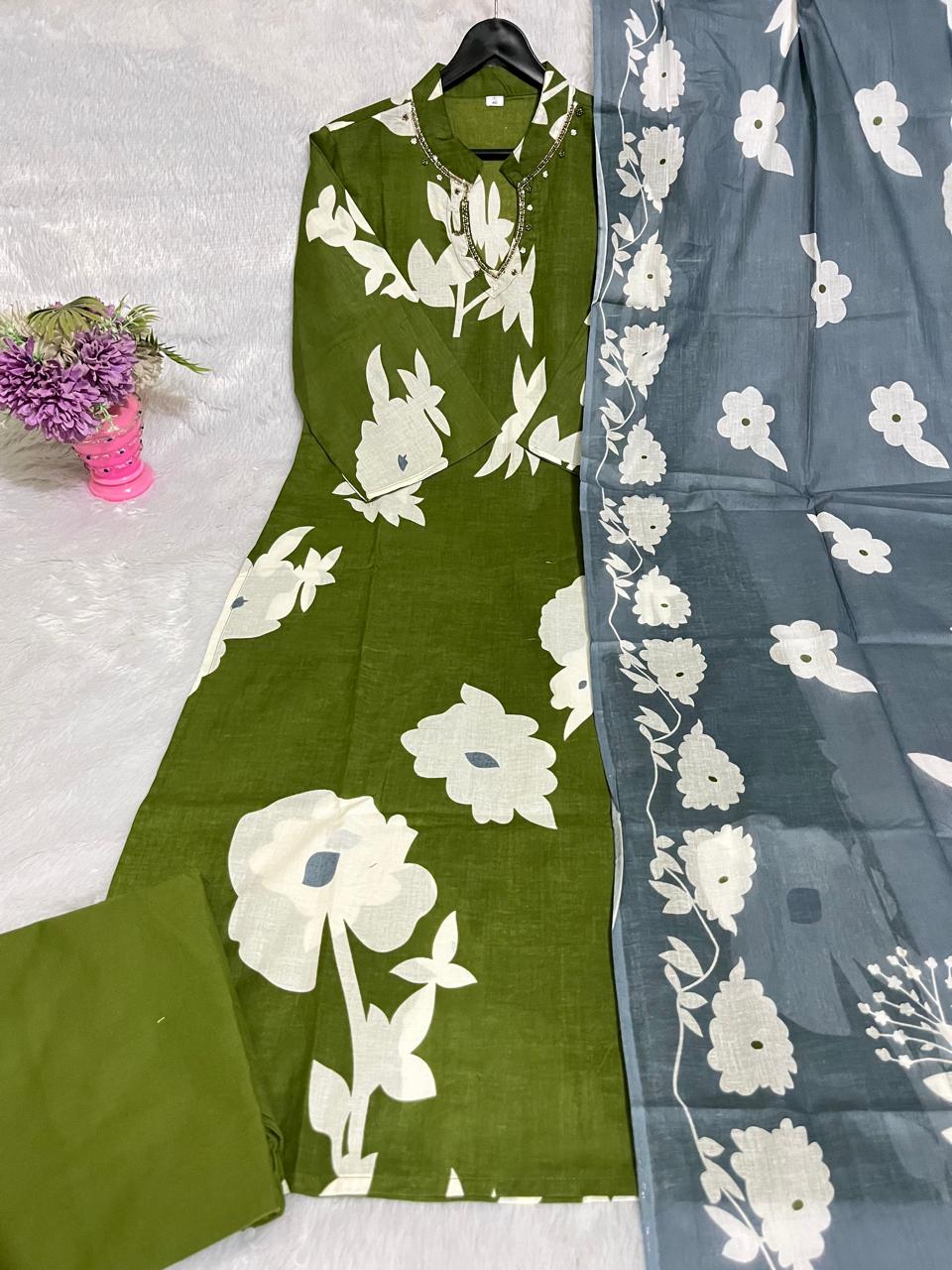 Pure Cotton Kurti & Pant With Mulmul Dupatt