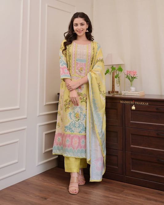 Rajhans Muslin suit with digital prints & hand embroidery