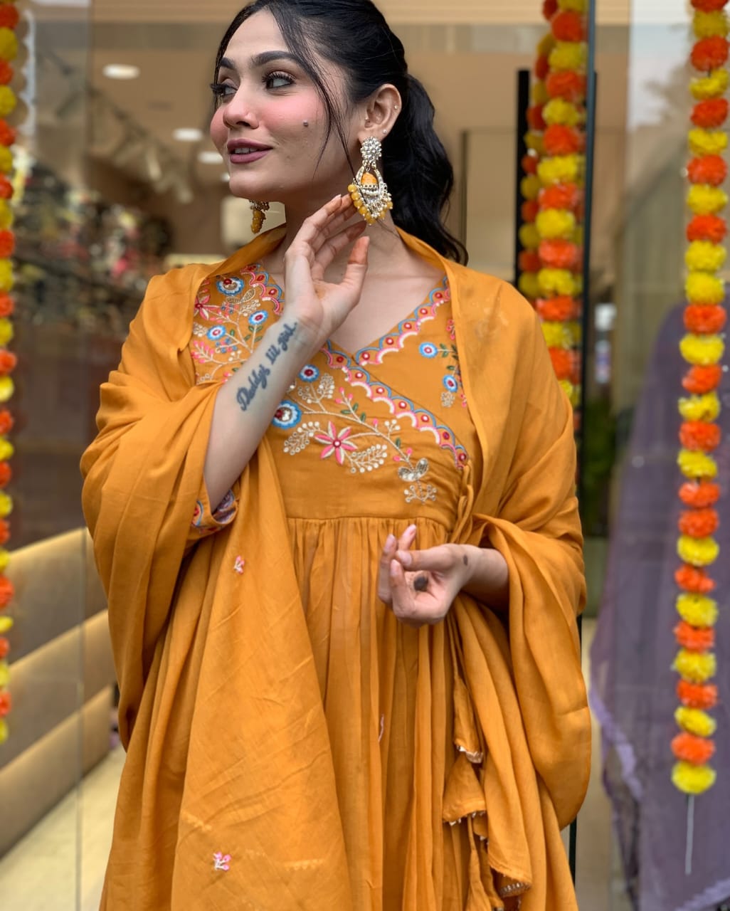 Cotton Angrakha kurti set with beautiful embroidery