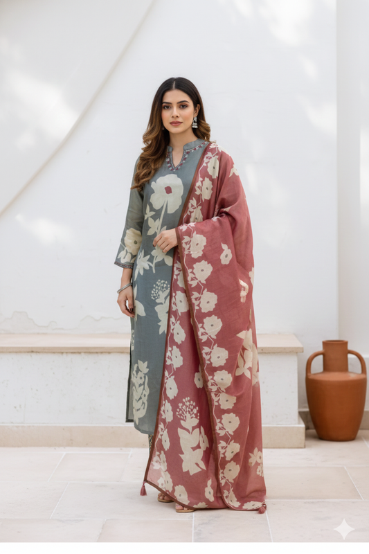 Pure Cotton Kurti & Pant With Mulmul Dupatt