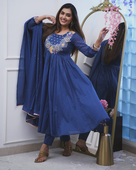 Blue Colored 3pcs Embroidery Suit