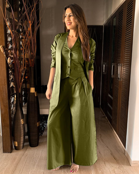 Bell-bottom Pants with Halter Vest & long Blazer