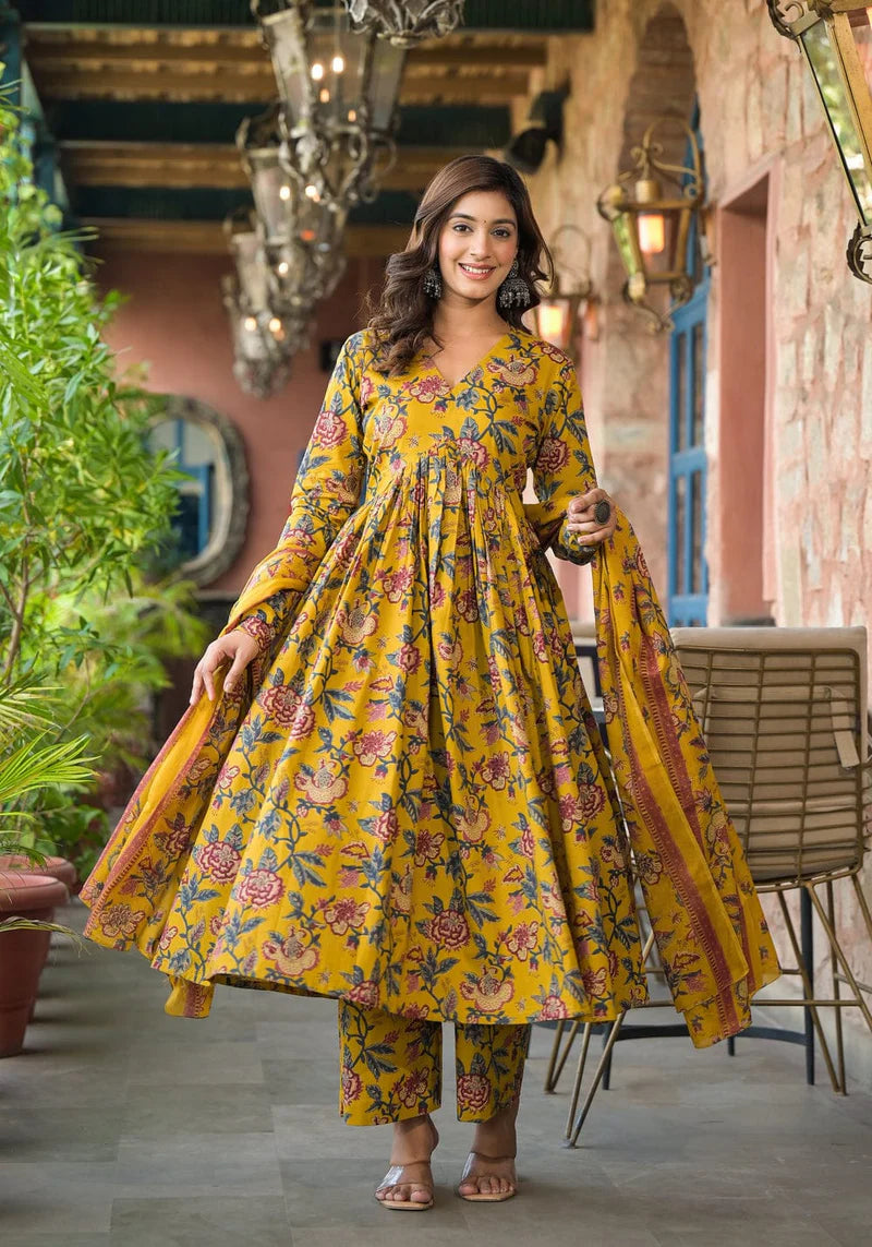 Marvellous Yellow Floral Anarkali Suit