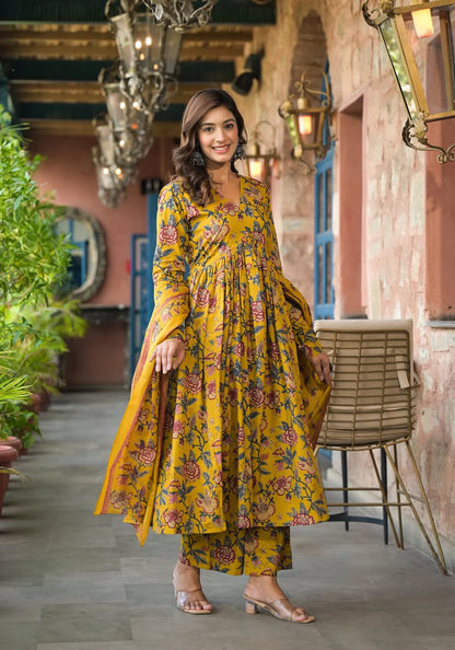 Marvellous Yellow Floral Anarkali Suit