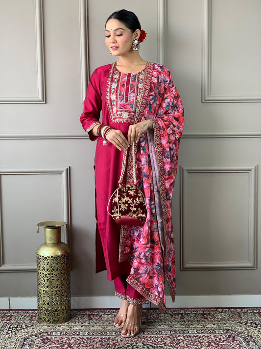 Hazel Red Viscose Chanderi Suit Set