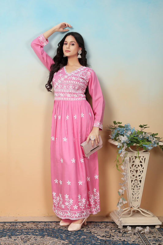 Pink Chikankari Rayon Kurti with Pant