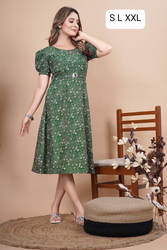 Green Printed Rayon Midi Dress