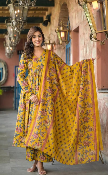 Marvellous Yellow Floral Anarkali Suit