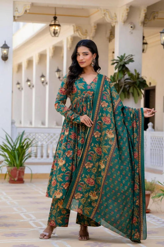 Elegant Green Floral Anarkali Suit