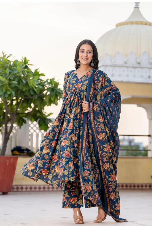 Glorious Blue Floral Anarkali Suit