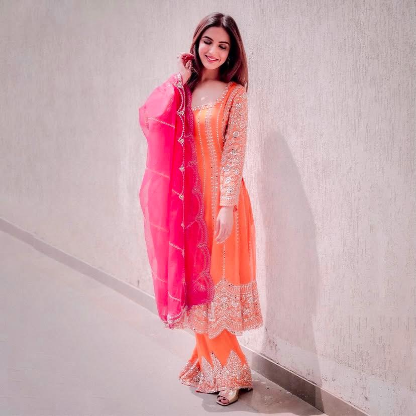 Shivali- Orange Sequence Embroidered Heavy Georgette Gown with Plazzo & Dupatta