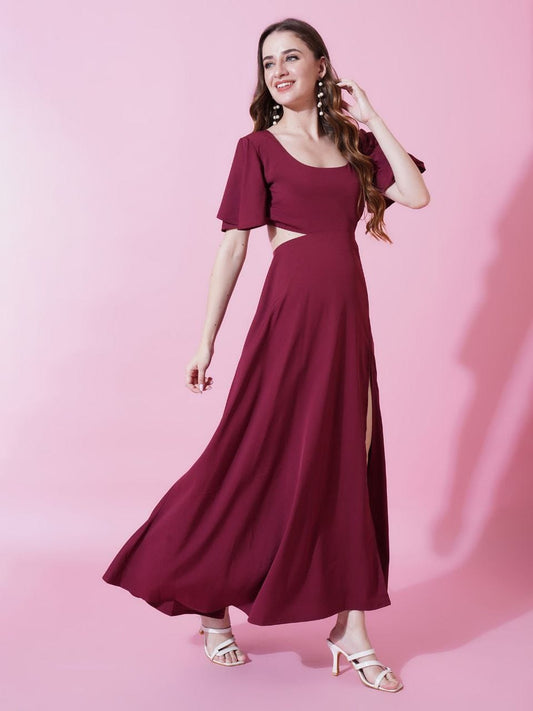 Maroon Crepe Dress with Waist Cut