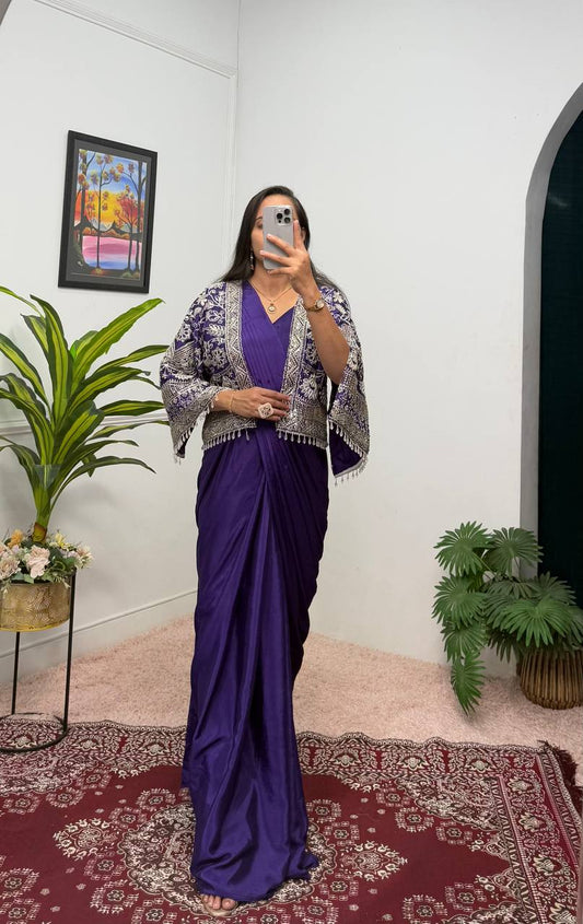 Blue Chinon Ready to wear Saree