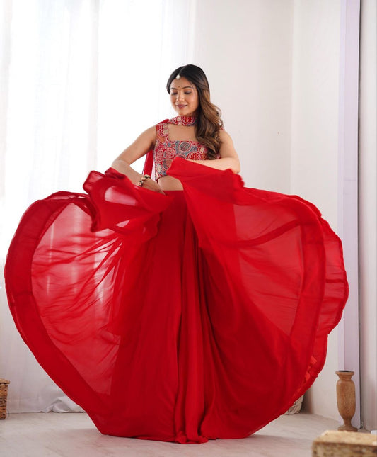 Red Soft Faux Georgette Lehanga Set
