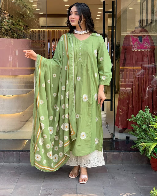 Graceful Cotton Kurti Pant Dupatta Set