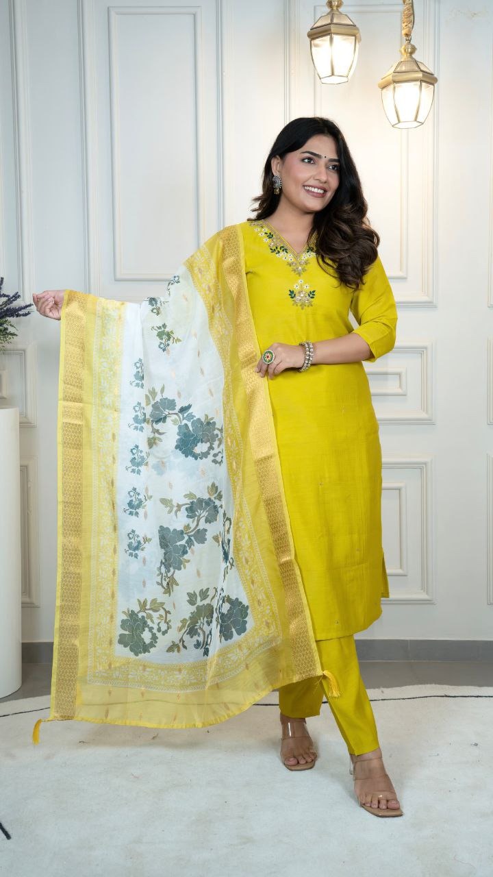Elegant Parrot Green Roman Silk Suit Set