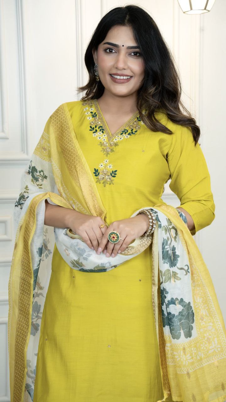 Elegant Parrot Green Roman Silk Suit Set