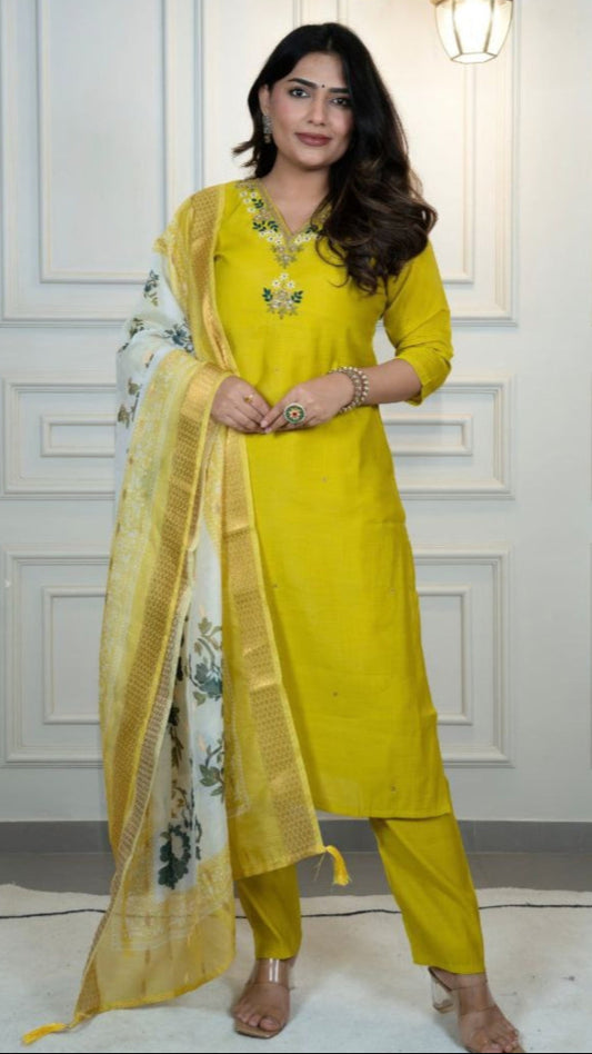 Elegant Parrot Green Roman Silk Suit Set