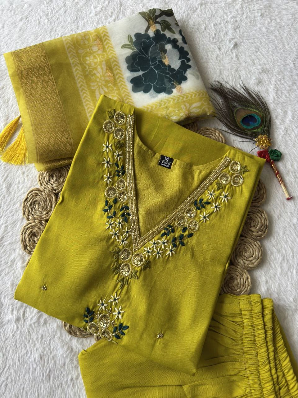 Elegant Parrot Green Roman Silk Suit Set