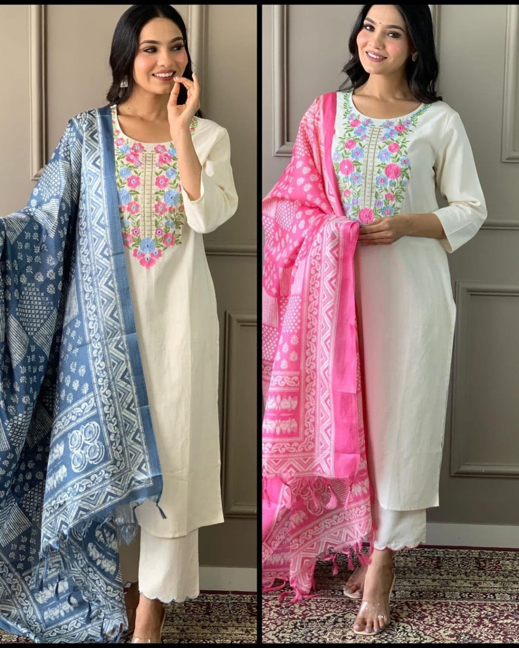 Handloom Khadi Cotton Embroidery Suit with Khadi Silk Dupatta