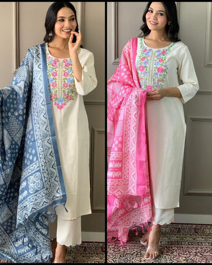 Handloom Khadi Cotton Embroidery Suit with Khadi Silk Dupatta