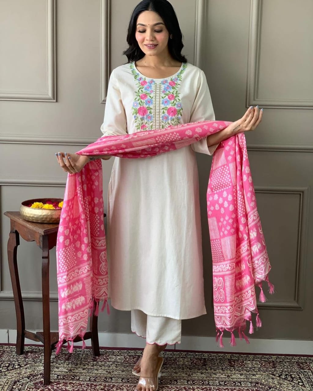 Handloom Khadi Cotton Embroidery Suit with Khadi Silk Dupatta
