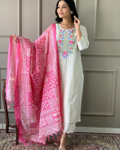 Handloom Khadi Cotton Embroidery Suit with Khadi Silk Dupatta