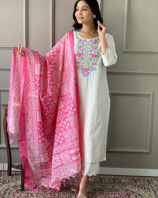 Handloom Khadi Cotton Embroidery Suit with Khadi Silk Dupatta